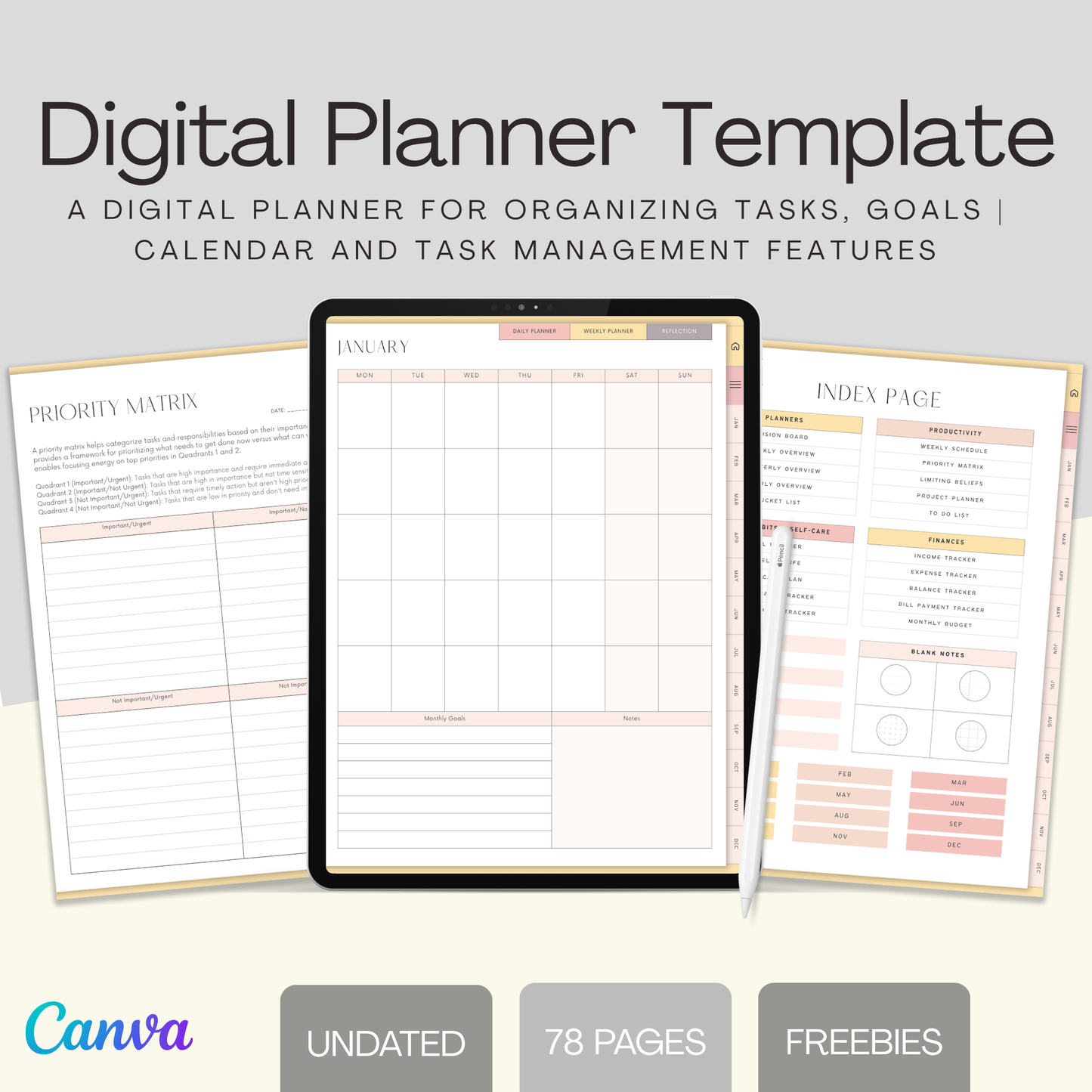 All-in-One Hyperlinked Digital Planner – 75+ Pages + Social Media Templates & Etsy Listing Mockups