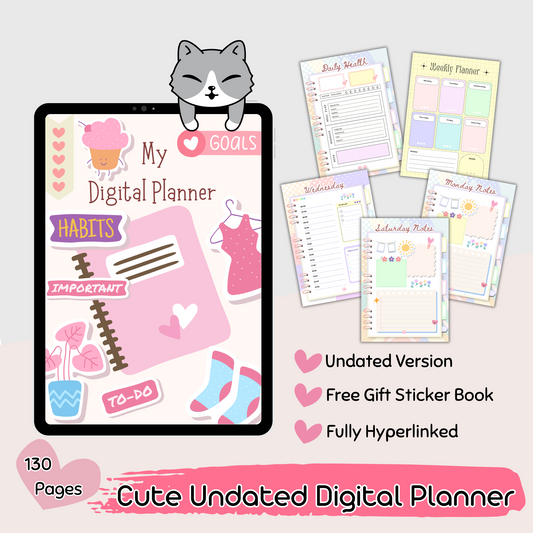 130-Page Undated Cute Digital Planner – Health, Productivity & Finance Trackers | Hyperlinked PDF for Easy Navigation