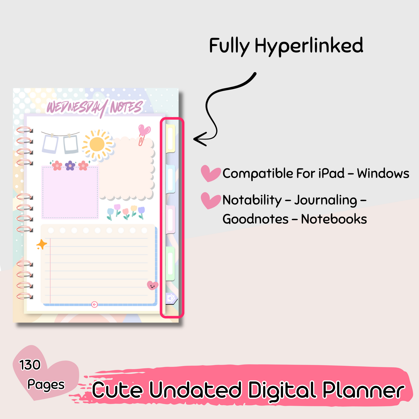 130-Page Undated Cute Digital Planner – Health, Productivity & Finance Trackers | Hyperlinked PDF for Easy Navigation