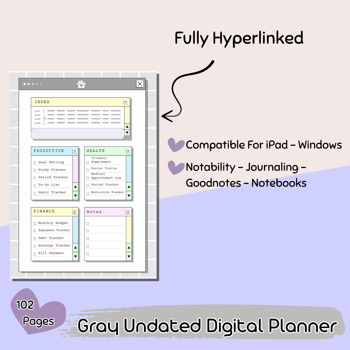 102-Page Hyperlinked Digital Planner in Gray – Includes Trackers, Lists & Notes | Reusable & Undated