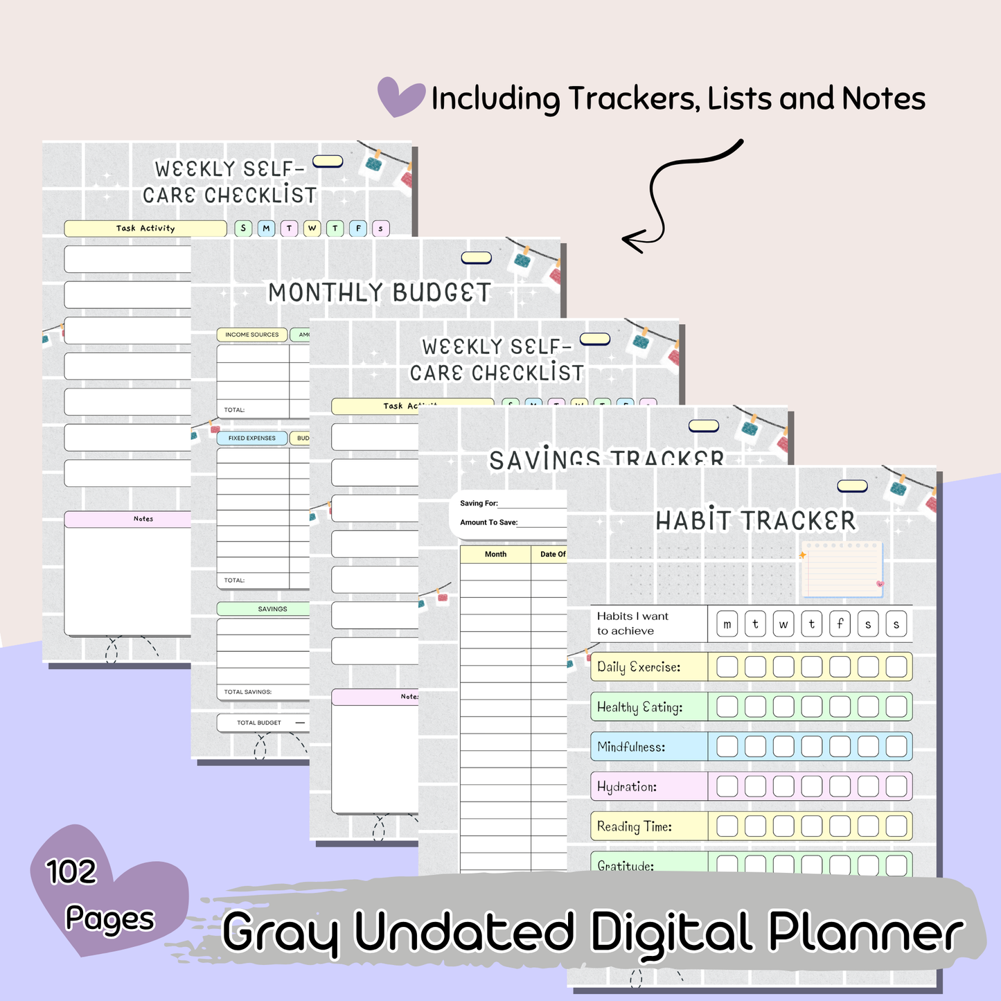 102-Page Hyperlinked Digital Planner in Gray – Includes Trackers, Lists & Notes | Reusable & Undated