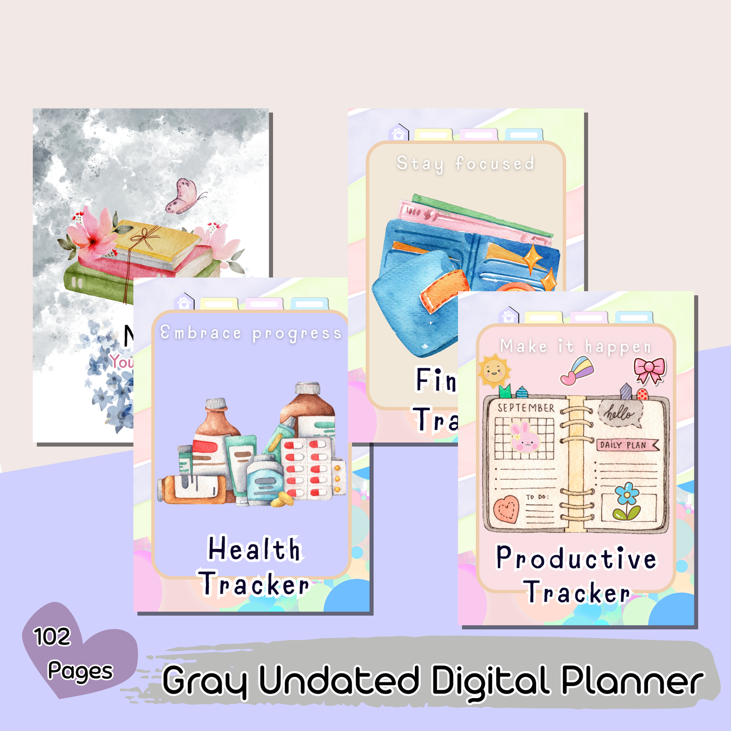 102-Page Hyperlinked Digital Planner in Gray – Includes Trackers, Lists & Notes | Reusable & Undated