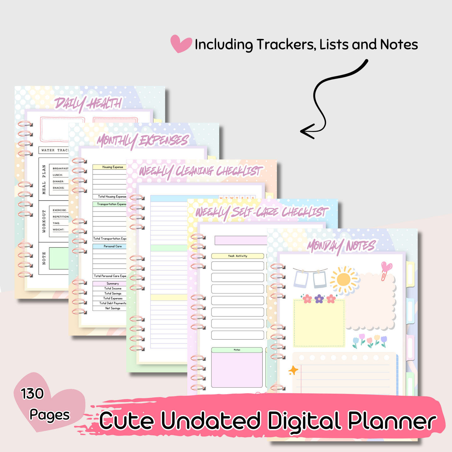 130-Page Undated Cute Digital Planner – Health, Productivity & Finance Trackers | Hyperlinked PDF for Easy Navigation