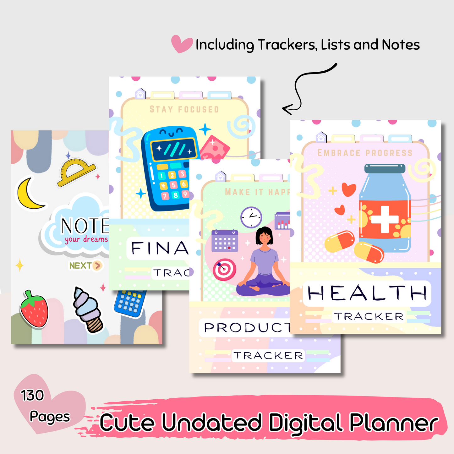 130-Page Undated Cute Digital Planner – Health, Productivity & Finance Trackers | Hyperlinked PDF for Easy Navigation