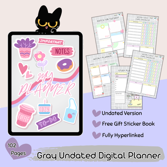 102-Page Hyperlinked Digital Planner in Gray – Includes Trackers, Lists & Notes | Reusable & Undated